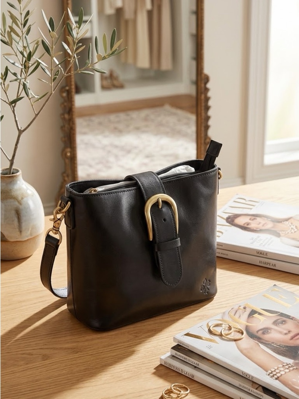 Patricia Nash Black Leather Shoulder Bag with Gold Buckle